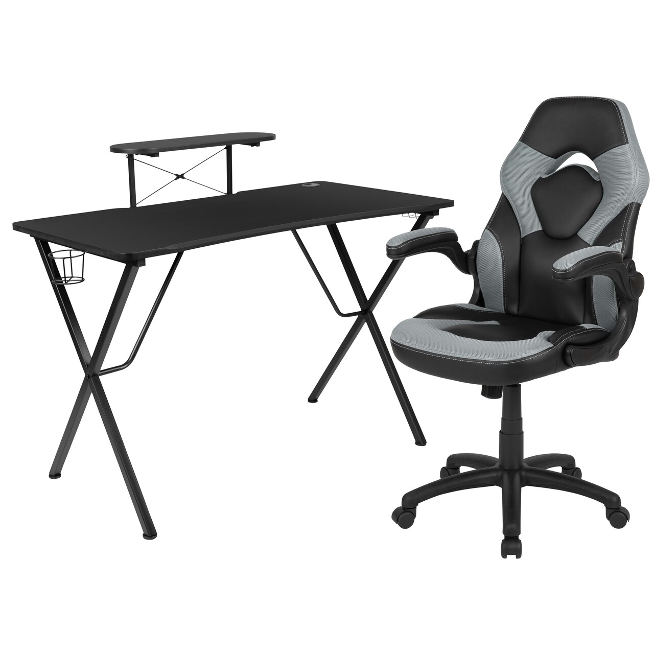 Emma and Oliver Gaming Desk and Racing Chair Set with Headphone Hook, and Monitor Stand